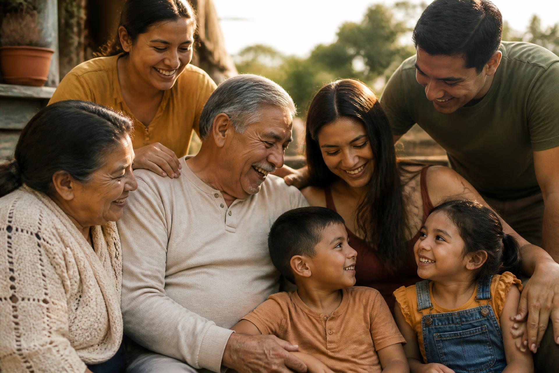 A multi-generational Latino family together in warm afternoon light
